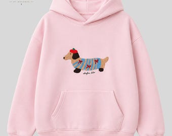 Dachshund Graphic Hoodie, Cozy Dog Print Pullover, Oversized Unisex Sweatshirt