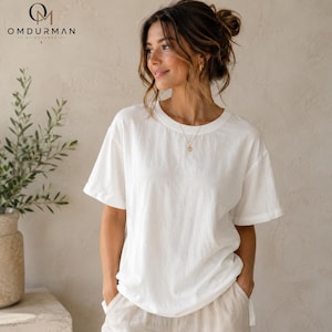 Oversized Linen Shirt Women Short Sleeve Boho Top Casual Summer Blouse White