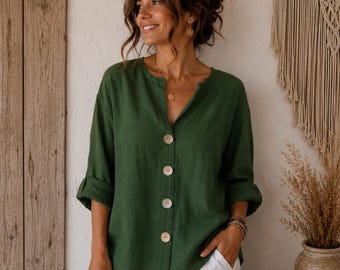Bluse aus Baumwoll-Leinen-Mischgewebe mit V-Ausschnitt und Knopfleiste, lockere Sommerbluse, Tunika-Hemd