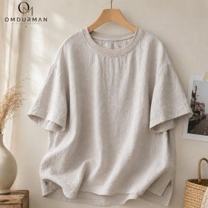 Oversized Linen Shirt Women Short Sleeve Boho Top Casual Summer Blouse Hemp