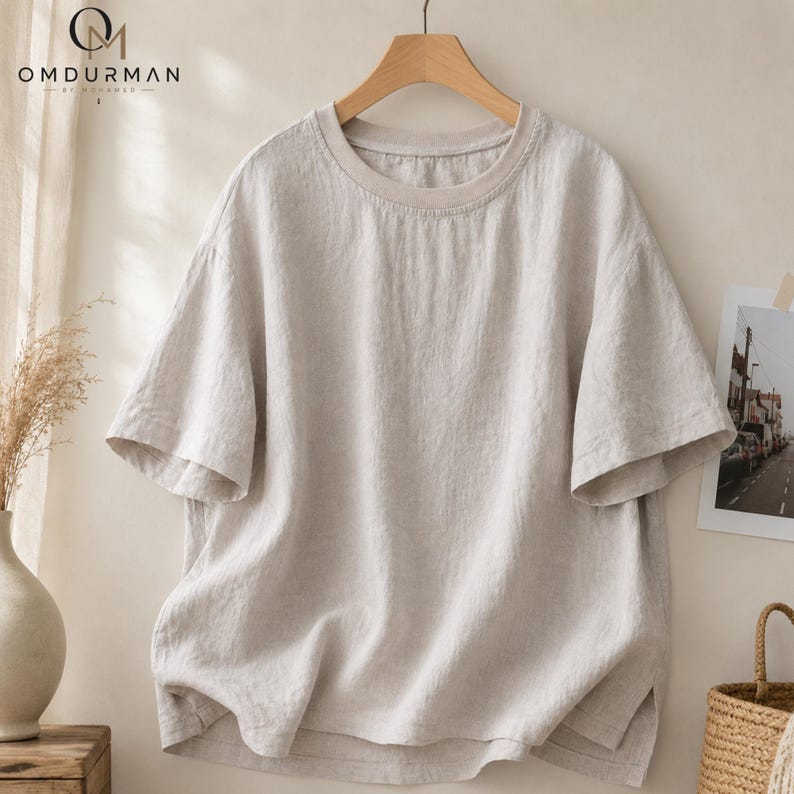 Oversized Linen Shirt Women Short Sleeve Boho Top Casual Summer Blouse Hemp
