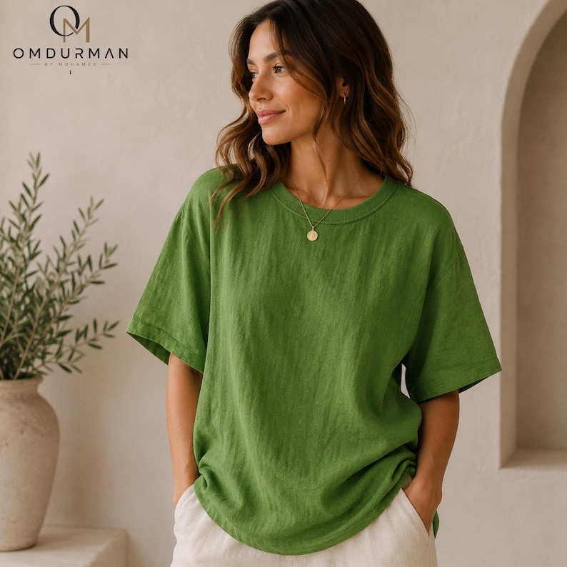 Oversized Linen Shirt Women Short Sleeve Boho Top Casual Summer Blouse Green