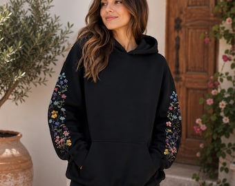 Oversized Wildflower Print Hoodie, Botanical Floral Pullover, Cottagecore Sweatshirt
