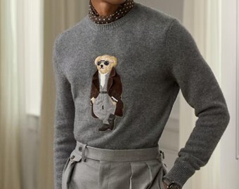 Vintage Bär Kaschmirpullover | Luxus Kaschmirmischung Strickpullover | Klassischer Preppy Unisex Pullover | Weicher Winter-Pullover | Gemütliches Geschenk