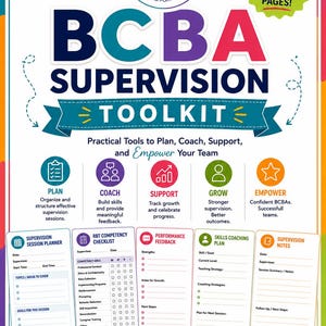 May include: A BCBA Supervision Toolkit document featuring 11 practical pages. The design includes a Bridge Behavior Studio logo, colorful icons, and text sections for planning, coaching, supporting, growing, and empowering professional teams.