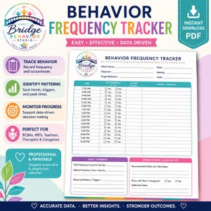 May include: A printable behavior frequency tracker document featuring a table for recording occurrences, counts, and notes by time, alongside sections for daily summary, observations, and follow-up. The header includes the Bridge Behavior Studio logo.