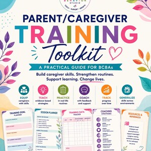 Peut inclure: Un guide Parent/Caregiver Training Toolkit multicolore pour BCBAs avec le logo Bridge Behavior Studio. Il comprend des sections pour les objectifs de formation, la planification de sessions, le suivi des données, les stratégies de coaching et des ressources sur 10 pages.