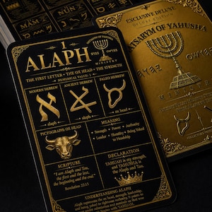 May include: A black and gold card featuring the letter Alaph, an ox head illustration, and Hebrew characters. The text includes the meaning, scripture from Revelation 22:13, and a declaration about Yahushua. The design has ornate borders and a menorah.