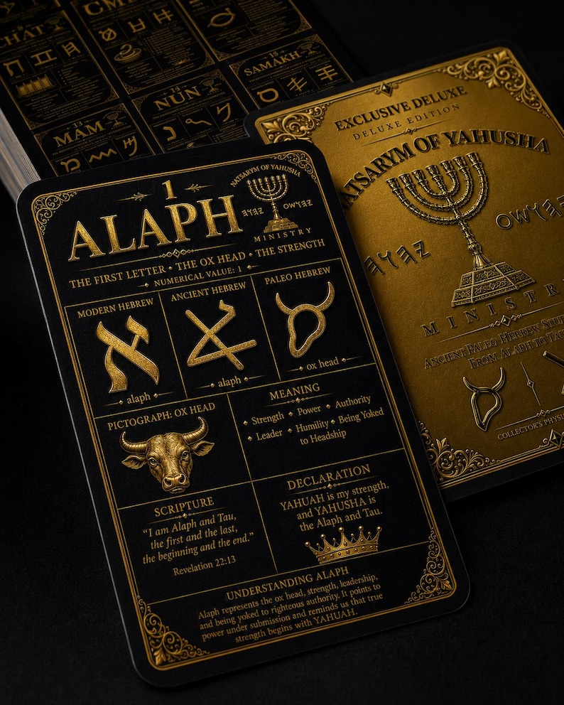 May include: A black and gold card featuring the letter Alaph, an ox head illustration, and Hebrew characters. The text includes the meaning, scripture from Revelation 22:13, and a declaration about Yahushua. The design has ornate borders and a menorah.