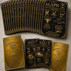 May include: A set of black and gold cards titled Natsarym of Yahusha Ministry. Each card features Hebrew letters, pictographs, and descriptive text. The cards are arranged in a fan shape with a gold box and two individual cards displayed in front.