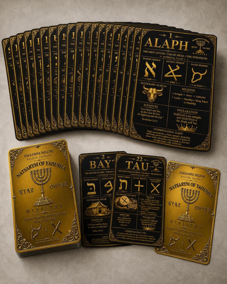 May include: A set of black and gold cards titled Natsarym of Yahusha Ministry. Each card features Hebrew letters, pictographs, and descriptive text. The cards are arranged in a fan shape with a gold box and two individual cards displayed in front.