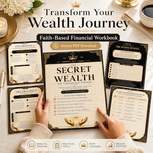 May include: A faith-based financial workbook titled The Secret to Wealth, featuring a black and cream color scheme with gold crown accents. The workbook includes pages for income budgets, foundation steps, and a 40-day transformation path for personal use.