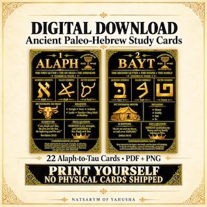 Op de afbeelding: Digitale download van 22 Paleo-Hebreeuwse studiekaarten in PDF- en PNG-formaat. De kaarten bevatten gouden tekst en afbeeldingen op een zwarte achtergrond, met details over letters zoals Alaph en Bayt met betekenissen en teksten.