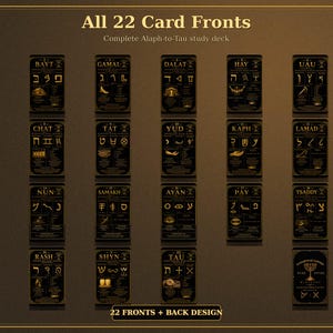 K&ouml;nnte beinhalten: Eine Sammlung von 22 schwarzen Lernkarten mit goldenem Text und Illustrationen, betitelt All 22 Card Fronts Complete Alaph-to-Tau study deck. Jede Karte zeigt einen hebr&auml;ischen Buchstaben, einen Namen und symbolische Bilder, inklusive einer Menora.