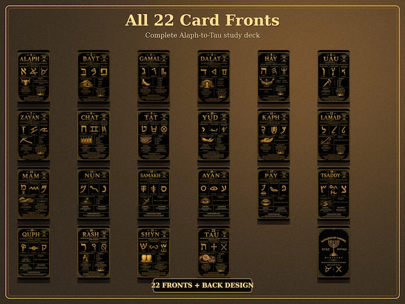 K&ouml;nnte beinhalten: Eine Sammlung von 22 schwarzen Lernkarten mit goldenem Text und Illustrationen, betitelt All 22 Card Fronts Complete Alaph-to-Tau study deck. Jede Karte zeigt einen hebr&auml;ischen Buchstaben, einen Namen und symbolische Bilder, inklusive einer Menora.