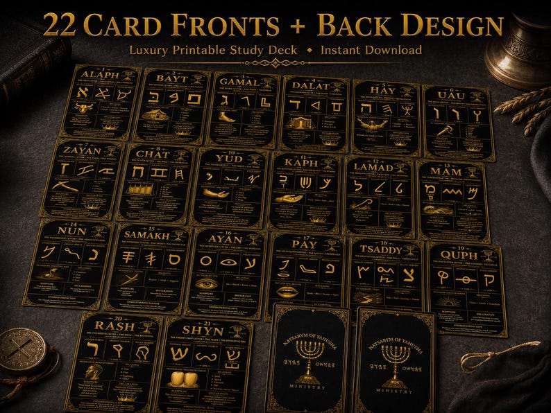 Peut inclure: Un ensemble de 22 cartes d'&eacute;tude imprimables noires et dor&eacute;es pr&eacute;sentant des caract&egrave;res de l'alphabet h&eacute;breu, des symboles et du texte descriptif. Les cartes sont dispos&eacute;es en grille, affichant des lettres comme Alaph, Bayt et Gamal.