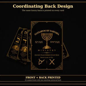 K&ouml;nnte beinhalten: Ein Set aus schwarzen und goldenen Lernkarten mit dem Titel Natsarym of Yahusha Ministry Ancient Paleo Hebrew Study Deck From Alaph to Tau. Die Karten zeigen eine goldene Menora, pal&auml;o-hebr&auml;ische Schriftzeichen und Symbole wie einen Ochsenkopf.