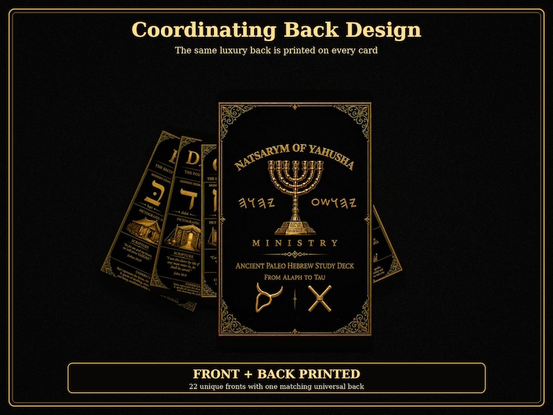 K&ouml;nnte beinhalten: Ein Set aus schwarzen und goldenen Lernkarten mit dem Titel Natsarym of Yahusha Ministry Ancient Paleo Hebrew Study Deck From Alaph to Tau. Die Karten zeigen eine goldene Menora, pal&auml;o-hebr&auml;ische Schriftzeichen und Symbole wie einen Ochsenkopf.