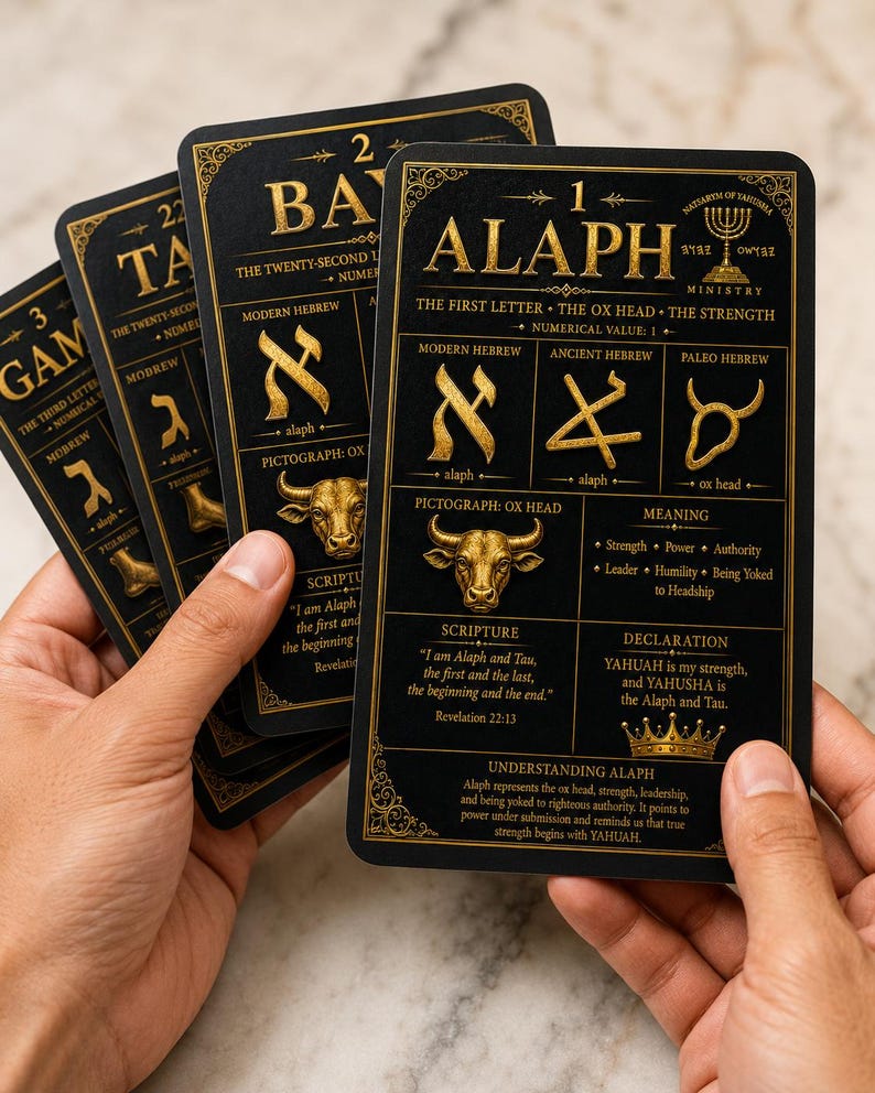 May include: A set of black rectangular cards with gold text and illustrations. The front card displays the number 1, the word ALAPH, and details about Hebrew letters, including an ox head symbol, scripture, and a crown icon at the bottom.