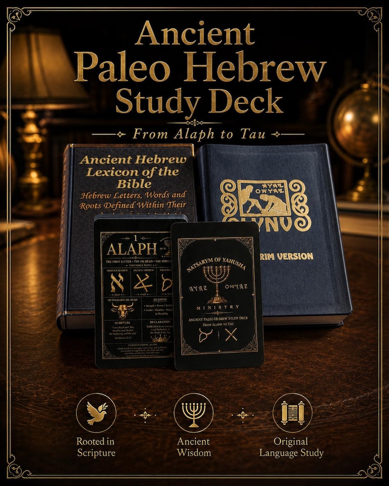 K&ouml;nnte beinhalten: Ein Ancient Paleo Hebrew Study Deck Set mit zwei schwarzen B&uuml;chern mit goldener Schrift und zwei Lernkarten. Die Karten zeigen den Text Alaph, Natsarym of Yahusha Ministry und Ancient Paleo Hebrew Study Deck From Alaph to Tau.