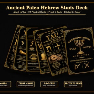 K&ouml;nnte beinhalten: Ein Set aus 22 physischen Karten mit dem Titel Ancient Paleo Hebrew Study Deck, das goldenen Text und Illustrationen auf schwarzem Hintergrund zeigt. Jede Karte zeigt einen hebr&auml;ischen Buchstaben, ein Piktogramm und eine Schriftstelle. 8,89 x 14,61 cm.