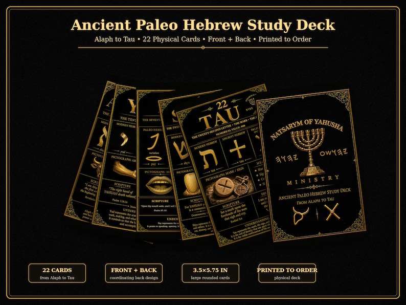 K&ouml;nnte beinhalten: Ein Set aus 22 physischen Karten mit dem Titel Ancient Paleo Hebrew Study Deck, das goldenen Text und Illustrationen auf schwarzem Hintergrund zeigt. Jede Karte zeigt einen hebr&auml;ischen Buchstaben, ein Piktogramm und eine Schriftstelle. 8,89 x 14,61 cm.