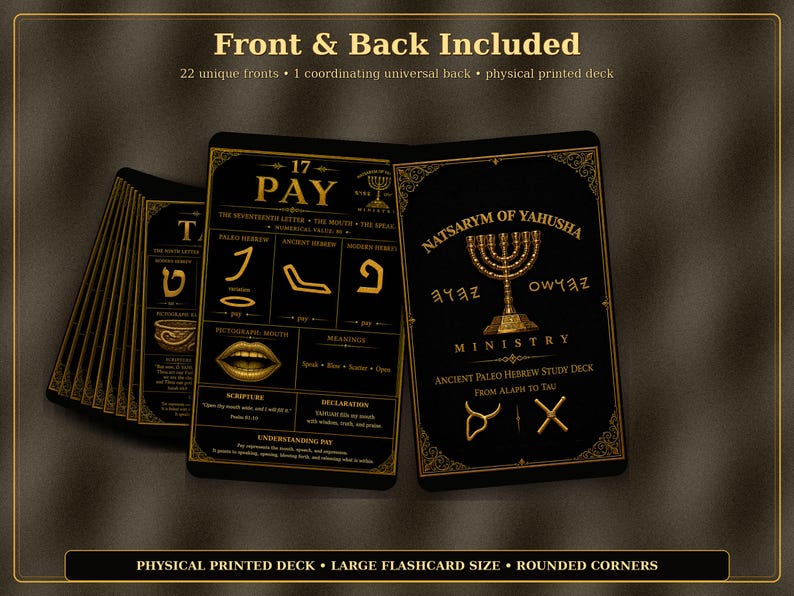 K&ouml;nnte beinhalten: Ein physisches Kartendeck mit schwarzen Karten, goldenem Text und Grafiken. Die Karten zeigen pal&auml;o-hebr&auml;ische Schriftzeichen, eine Menora und den Text Natsarym of Yahusha Ministry, Ancient Paleo Hebrew Study Deck, From Alaph to Tau.