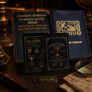 K&ouml;nnte beinhalten: Zwei schwarze Lernkarten mit goldener Schrift und Illustrationen, eine mit dem Titel ALAPH und die andere NATSARYM OF YAHUSHA, platziert vor zwei dunklen B&uuml;chern, eines mit dem Titel Ancient Hebrew Lexicon of the Bible, und einer kleinen Plakette Alaph to Tau.