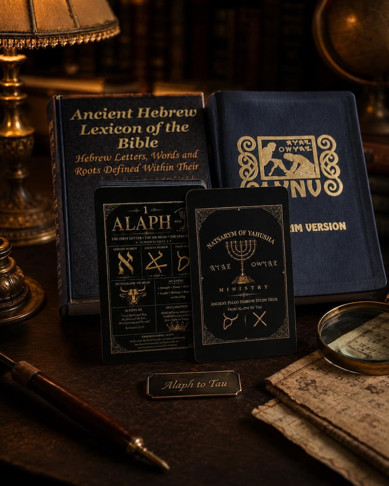 K&ouml;nnte beinhalten: Zwei schwarze Lernkarten mit goldener Schrift und Illustrationen, eine mit dem Titel ALAPH und die andere NATSARYM OF YAHUSHA, platziert vor zwei dunklen B&uuml;chern, eines mit dem Titel Ancient Hebrew Lexicon of the Bible, und einer kleinen Plakette Alaph to Tau.