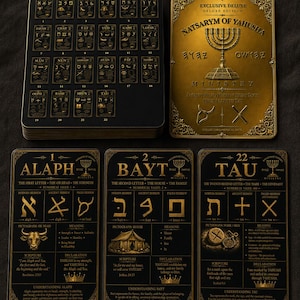 May include: A deck of black and gold cards titled NATSARYM OF YAHUSIA. The cards feature ancient Paleo-Hebrew letters, pictographs, and scriptural text. One card displays a menorah, while others detail Alaph, Bayt, and Tau with definitions.