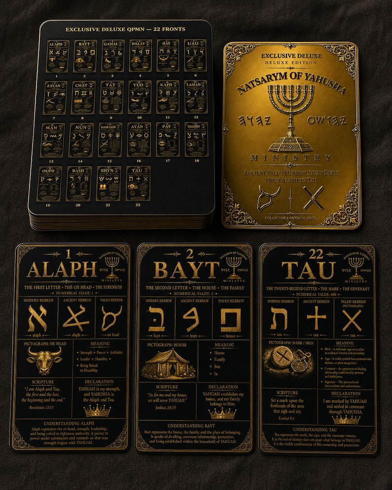 May include: A deck of black and gold cards titled NATSARYM OF YAHUSIA. The cards feature ancient Paleo-Hebrew letters, pictographs, and scriptural text. One card displays a menorah, while others detail Alaph, Bayt, and Tau with definitions.