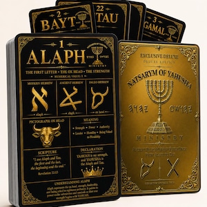 May include: A deck of black and gold study cards titled Natsarym of Yahusha Ministry. The front card displays the letter Alaph with Hebrew script, a bull pictograph, and descriptive text. The back card features a gold menorah and ornate borders.