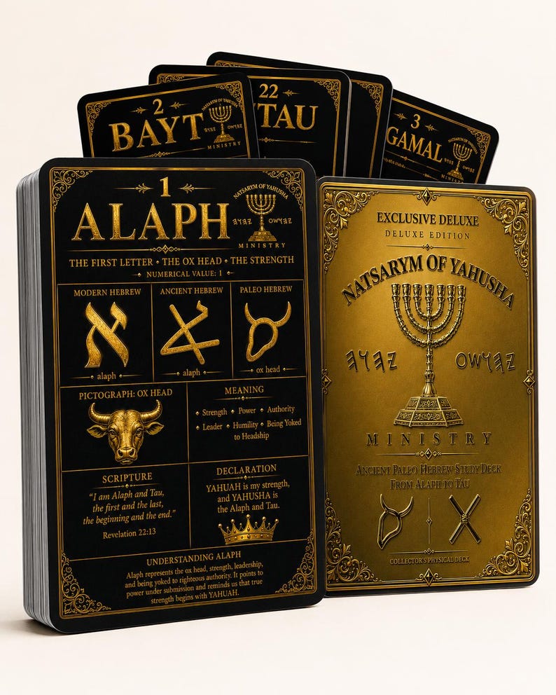 May include: A deck of black and gold study cards titled Natsarym of Yahusha Ministry. The front card displays the letter Alaph with Hebrew script, a bull pictograph, and descriptive text. The back card features a gold menorah and ornate borders.