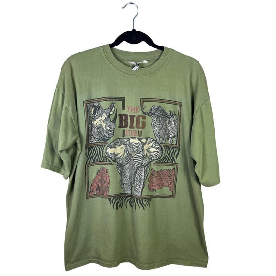 90s Shirini Vintage Men's XL Green Big Five African Safari T-Shirt Earthy