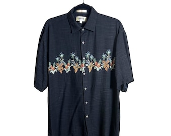 Camisa havaiana Campia Moda, preta, com estampa de abacaxi e palmeiras, tamanho G (vintage).