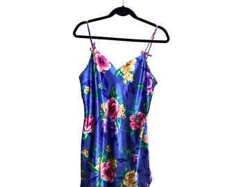 Vestido lencero vintage de satén con estampado floral de California Dynasty, talla M