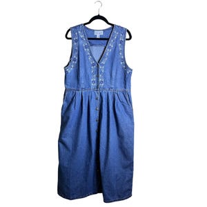 jane ashley denim dress Jane Ashley Denim Midi Dress Large Embroidered Paisley Button Front Pockets