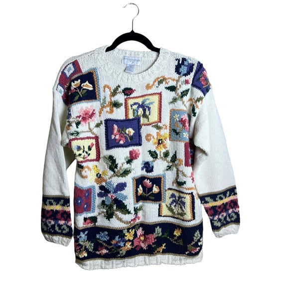 Petite Sophisticate Floral Patchwork Sweater – 90s Cottagecore Knit Petite S