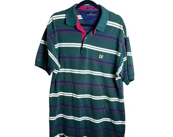 90-tals randig pikétröja med Woods & Woods-motiv, herrstorlek L, preppy skater
