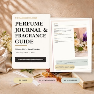 May include: A digital perfume journal and fragrance guide featuring a cover page with the text THE FRAGRANCE FIELDBOOK PERFUME JOURNAL & FRAGRANCE GUIDE, Fillable PDF + Excel Tracker, and 5 ORIGINAL PERFUMERY FORMULAS, alongside an open page showing Floral.