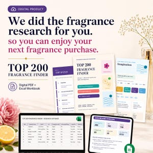 May include: A digital product guide titled Top 200 Fragrance Finder, featuring a PDF and Excel workbook. The display includes a research database on a laptop screen, a dashboard preview on a tablet, and printed pages detailing fragrance ratings.