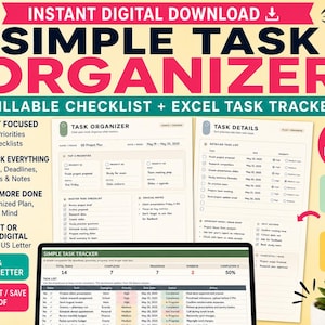 May include: A digital task organizer bundle featuring a fillable checklist and an Excel task tracker. The layout includes sections for top priorities, master task checklists, and detailed task lists with columns for dates, status, and notes.
