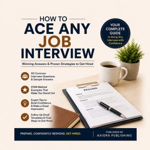 Puede incluir: Una portada de libro titulada HOW TO ACE ANY JOB INTERVIEW con el subtítulo Winning Answers & Proven Strategies to Get Hired. Enumera características como 50 Common Interview Questions, STAR Method, Expert Tips y Follow-Up Email Templates.
