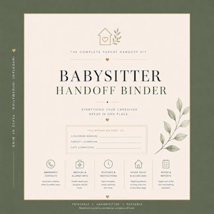 Puede incluir: Una portada de carpeta para niñeras imprimible en color crema con texto verde oscuro e ilustraciones botánicas. Incluye secciones para nombres de niños, contactos de padres y categorías como contactos de emergencia, información médica y reglas.
