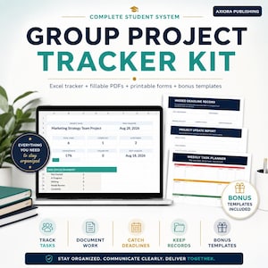 Peut inclure: Un kit de suivi de projet de groupe par Axiora Publishing comprenant un tableur Excel, des PDF remplissables et des formulaires imprimables. L'image montre un ordinateur portable avec un tableau de bord et des documents de planification.