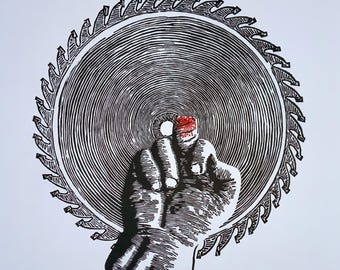 PAY ATTENTION! Handmade 2-color safety print for carpenters, shop teachers, craftspeople (20" x 20")