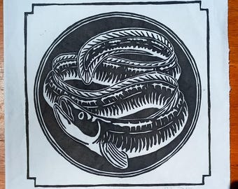 American Eel woodcut print hand-printed on mulberry paper (artist's proof/test print)