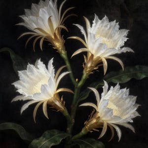 Può includere: Quattro fiori bianchi di cactus a fioritura notturna con petali delicati e appuntiti e centri giallo oro. I fiori sono attaccati a uno stelo verde centrale con foglie verde scuro dai bordi ondulati, su uno sfondo nero uniforme.