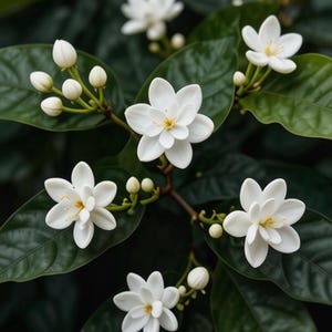 Peut inclure: Un groupe de fleurs de jasmin blanches à cinq pétales arrondis et centres jaunes, entourées de feuilles vert foncé, brillantes et ovales. Plusieurs petits boutons floraux blancs non éclos sont visibles sur les tiges parmi les fleurs épanouies.
