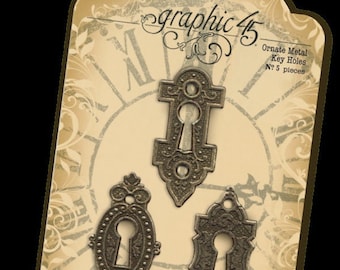 Graphic 45 Staples - Ornate Metal Key Holes for Cardstock, Scrapbooking, Mix Media, Albums, Crafts, papercrafts, cardmaking, home decor